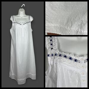 Celestial Dreams White Cotton Swiss Dot Blue Ribbon Sleeveless Nightgown XL